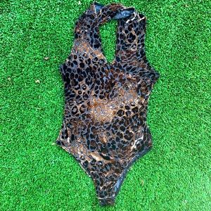 Zara Halter Bodysuit in Soft Bobcat/Animal Print.
